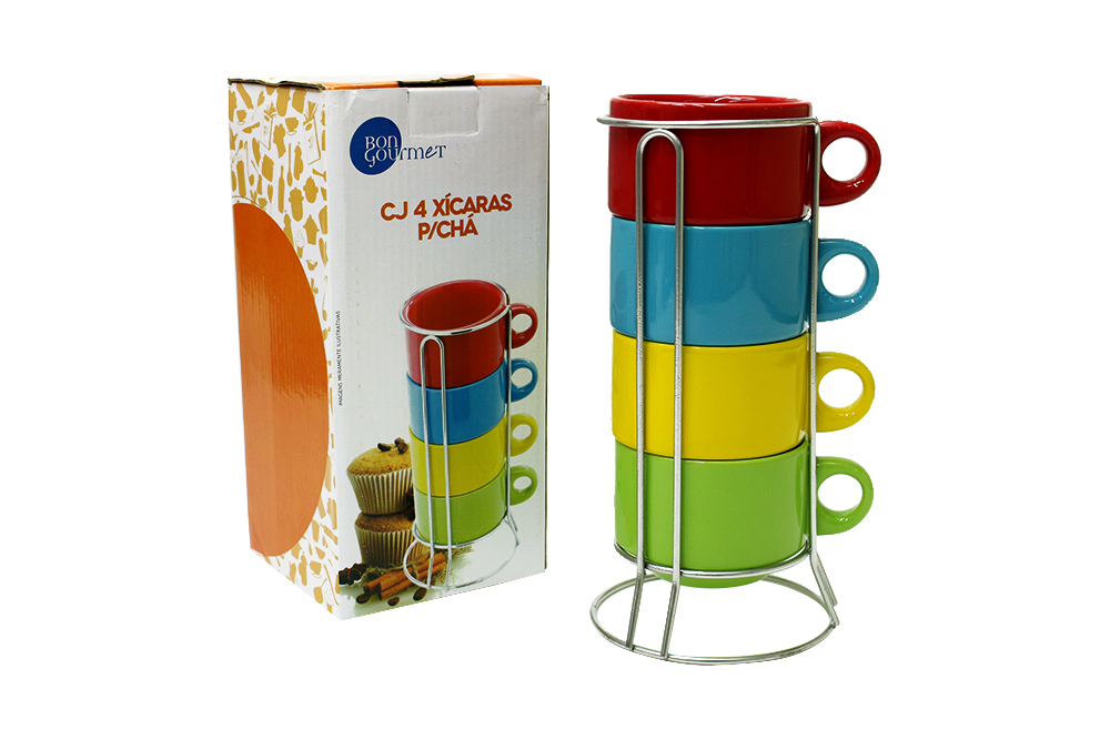 CONJUNTO 4 XÍCARAS PORCELANA PARA CHÁ COM SUPORTE